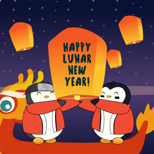 Penguins Flying Happy Lunar New Year Lantern GIF