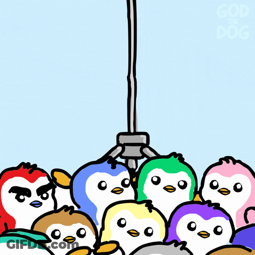 Penguins Gathered Around Claw Holding Cat GIF