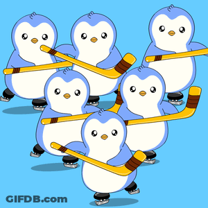 Penguins Holding Hockey Sticks GIF