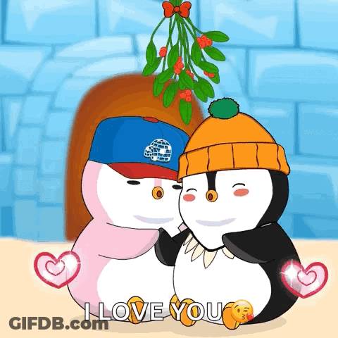 Penguins Hugging Under Mistletoe Saying I Love You GIF