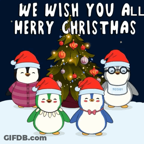 Penguins In Front Of Christmas Tree With We Wish You All Merry Christmas GIF