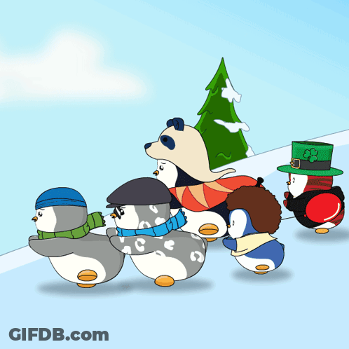 Penguins In Hats And Scarves Running In Snow GIF