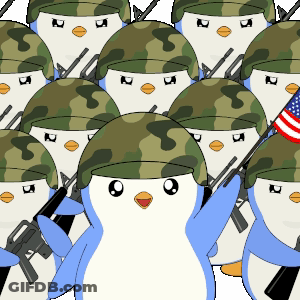 Penguins In Military Uniforms With Guns GIF