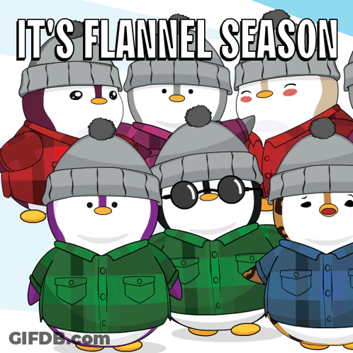 Penguins In Plaid Shirts And Hats Saying It's Flannel Season GIF