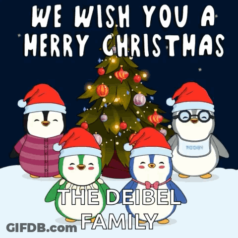 Penguins In Santa Hats In Front Of Christmas Tree Wishing Merry Christmas GIF