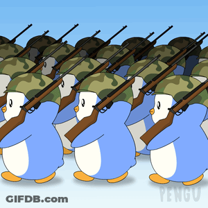 Penguins Marching With Guns And Helmets Saying Pengu GIF