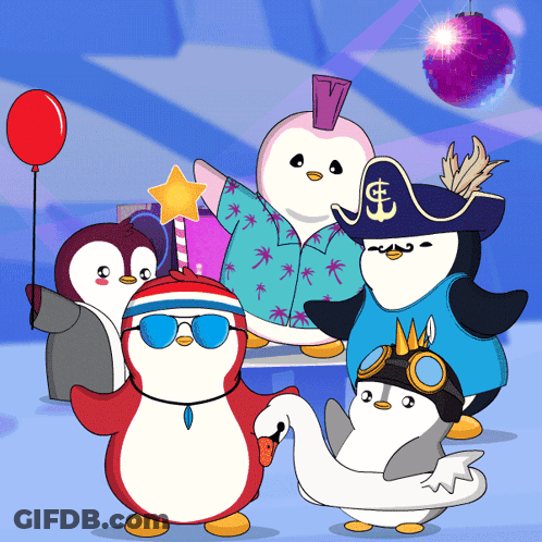 Penguins Posing, One In Pirate Hat With Red Balloon GIF