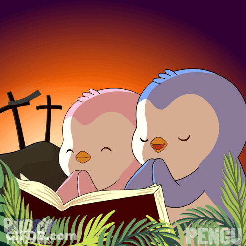 Penguins Praying At Cross With Word Penguins GIF