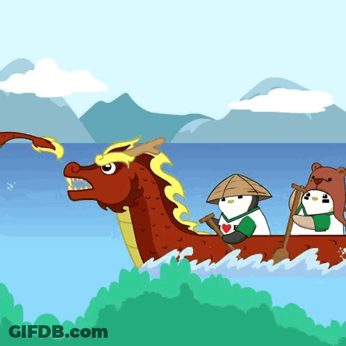 Penguins Rowing Dragon Boat In Ocean GIF