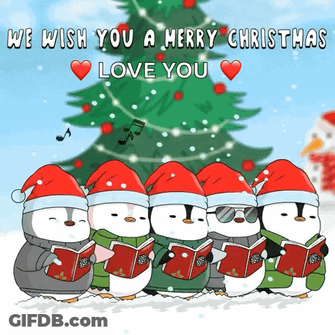 Penguins Singing Carols In Front Of Christmas Tree GIF