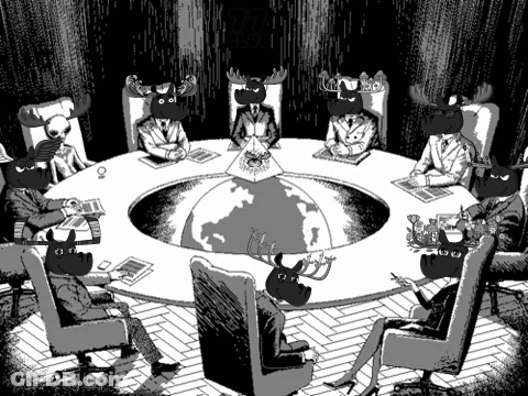 Penguins Sitting Around Table Pointing At Whiteboard GIF