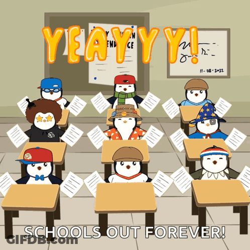 Penguins Sitting At Desks Celebrating School's Out GIF