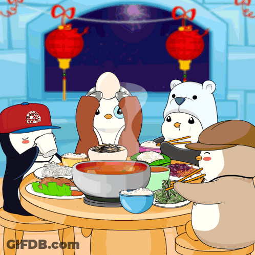 Penguins Sitting At Table Eating And Drinking GIF