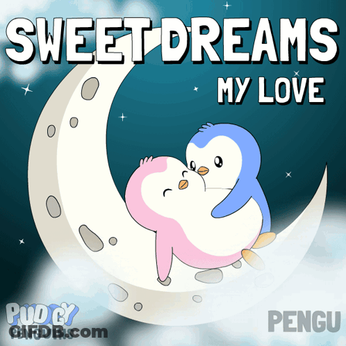 Penguins Sitting On Crescent Moon GIF