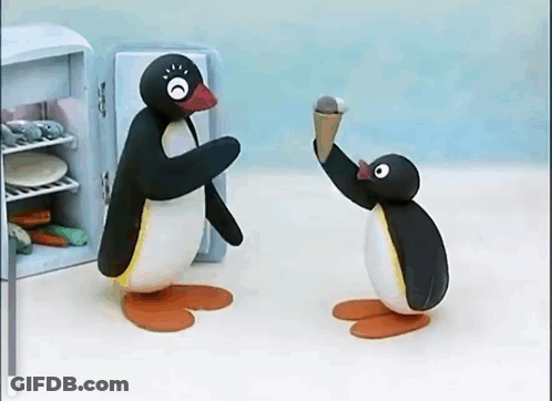 Penguins Standing By Refrigerator With Ice Cream GIF