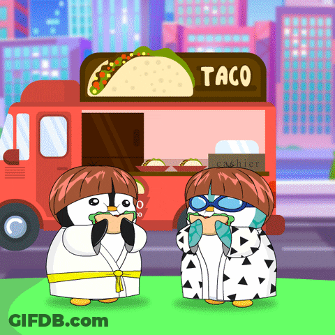 Penguins Standing In Front Of Taco Truck GIF