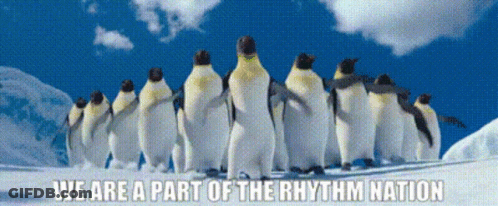 Penguins Standing In Snow Saying We Are A Part Of The Rhythm Nation GIF