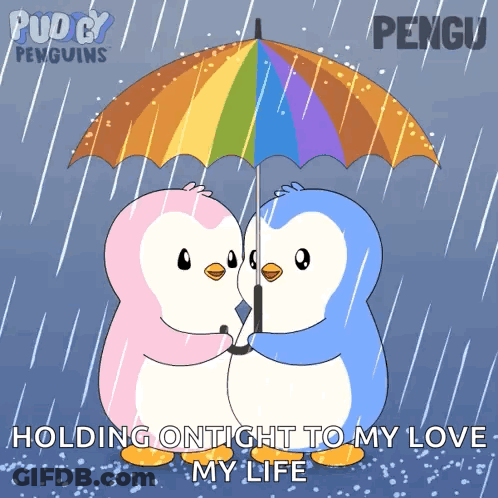 Penguins Under Umbrella Holding Ontight To My Love My Life GIF