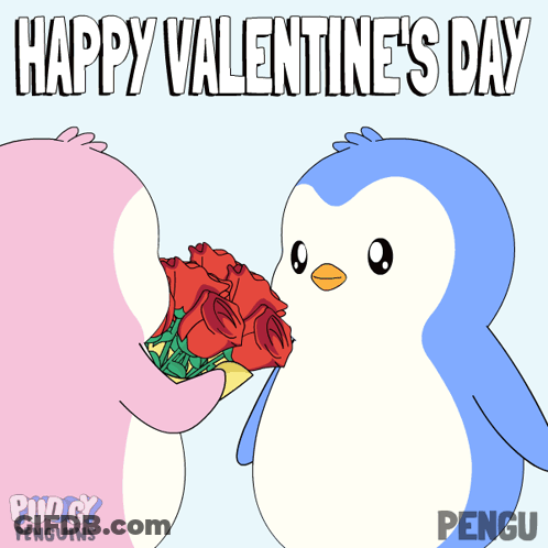 Penguins With Red Roses Happy Valentines GIF