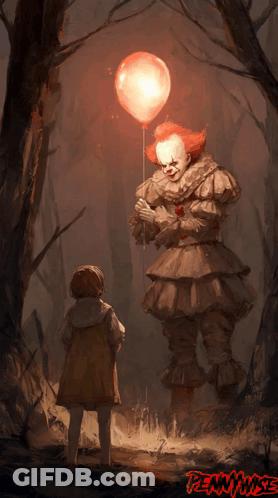 Pennywise The Clown Is Holding A Red Balloon While Standing Next To A Little Girl GIF
