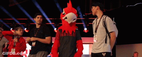 People And Mascot In Black Hawk Shirt GIF