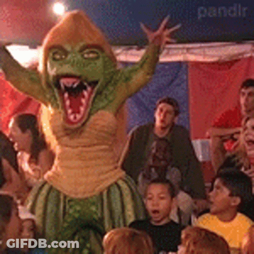 People Around Green Monster Mascot GIF