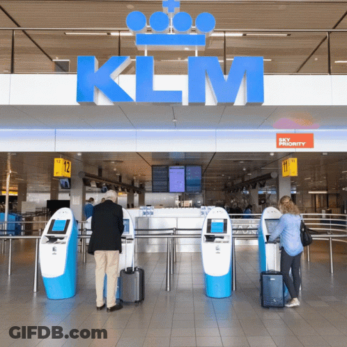People At KLM Sign Waiting To Check In GIF