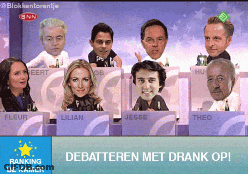 People At Table With Faces On Them Debateren Met Drank Op GIF