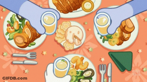 People At Table With Food And Wine Glasses GIF