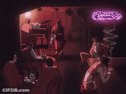People At Tables With Neon Sign Rapter Hour GIF