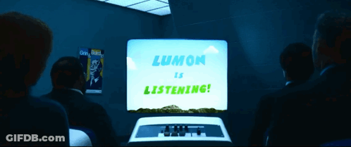 People Before Screen Saying Lumon Is Listening GIF