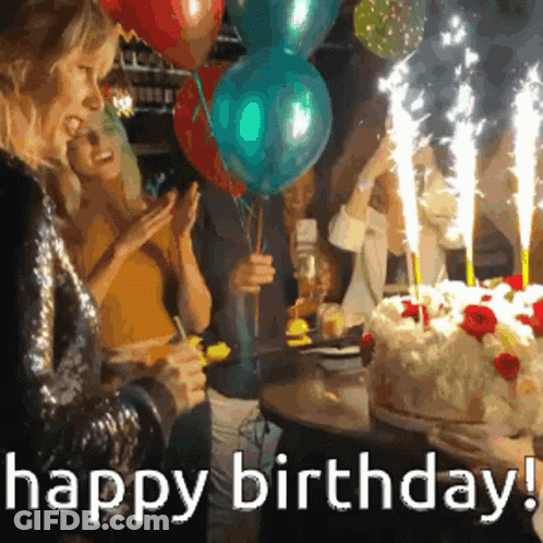 People Celebrating Birthday With Cake And Balloons GIF