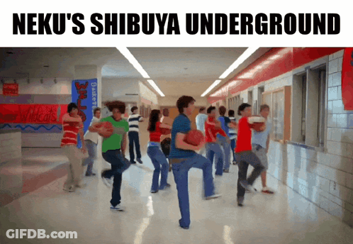 People Dancing In Hallway With Neku's Shibuya Underground GIF