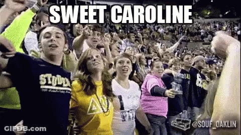 People Dancing In Stadium With Sweet Caroline Text GIF