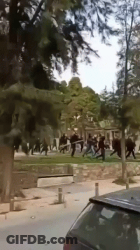 People Fighting In Park With Car In Foreground GIF