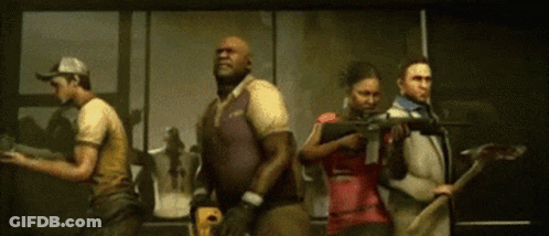 People Holding Guns And Axes In Dark Room GIF