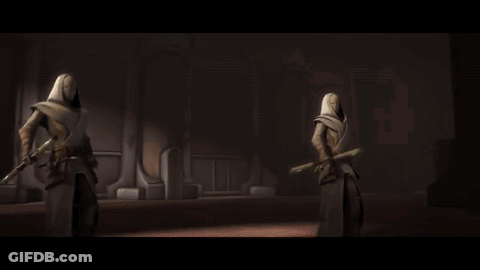 People Holding Lightsabers In Dark Room GIF