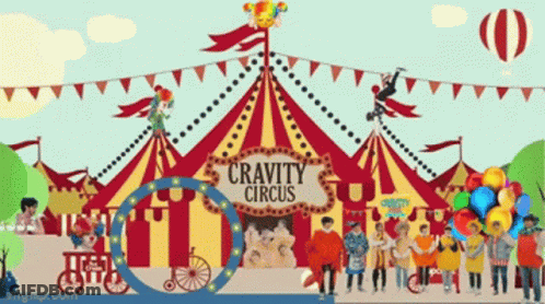 People In Front Of Cravity Circus Tent GIF