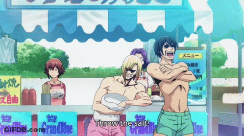 People In Front Of Grand Blue Sign GIF