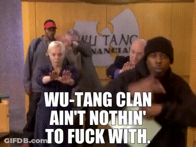 People In Front Of Wu-Tang Clan Sign GIF