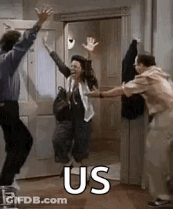 People Jumping In Front Of Door With US Sign GIF