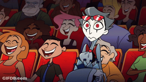 People Laughing In Theater With Cartoon Character GIF