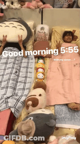 People Laying On Bed With Stuffed Animals Good Morning 5:55 GIF
