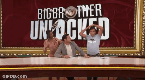 People On Stage In Front Of Big Brother Unlocked Sign GIF