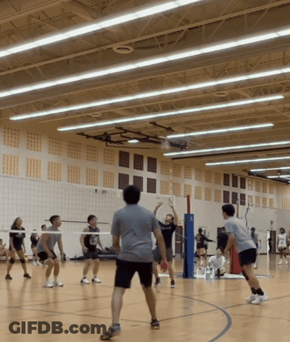 People Playing Volleyball In Gym With Shirt Saying Volleyball GIF