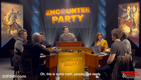 People Sitting Around Table With Encounter Party Sign GIF