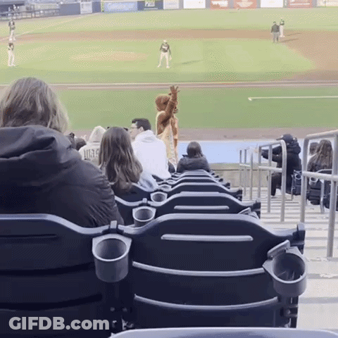 People Sitting In Stadium Watching Baseball Game With Mascot GIF