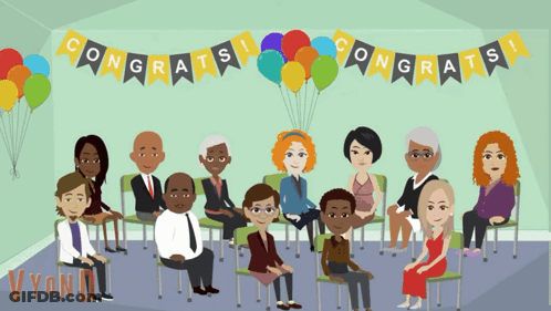 People Sitting Under Congrats Banner GIF