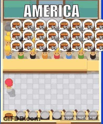 People Standing In Front Of Hamburgers And America Sign GIF
