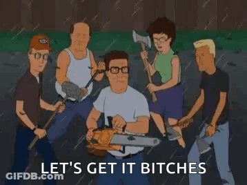 People Surround Cartoon Character With Chainsaw And Axe GIF